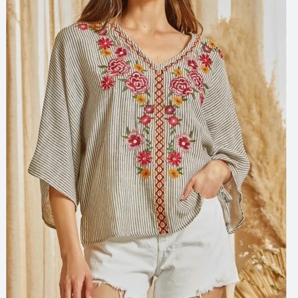 Savanna Jane Tops - Savanna Jane Floral Embroidered Cotton Boxy Relaxed Striped Pullover Top Size 3X